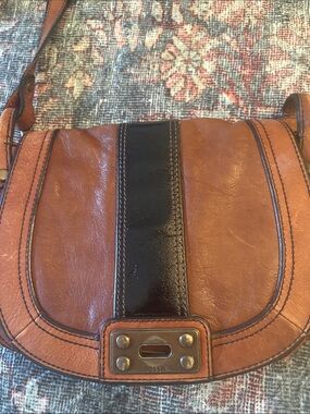 Fossil Brown Leather Crossbody with Black Center Stripe